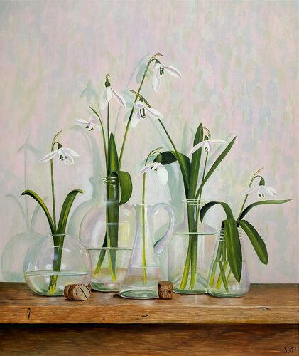 Sneeuwklokjes in glas, Snowdrops in glass van Lianne van der Plaat, Schilderij te koop op Singulart