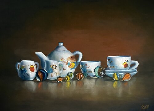 Kinderservies met knikkers, Childhood tea set with marbles van Lianne van der Plaat, Schilderij te koop op Singulart