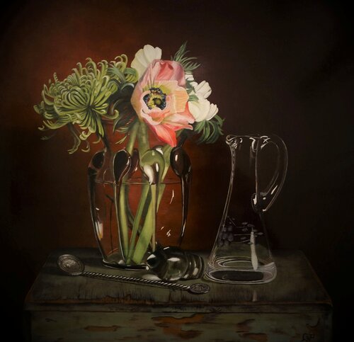 Kistje met glas en zilveren lepeltje, Wooden chest with glass and silver spoon van Lianne van der Plaat, Schilderij te koop op Singulart