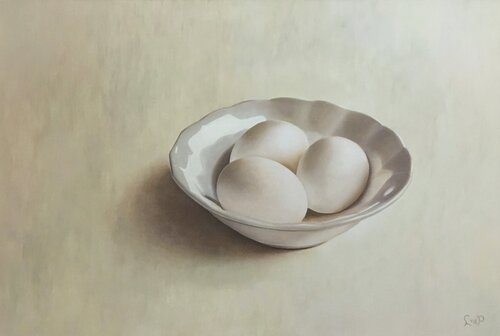 Drie eieren in een kom, Three eggs in a bowl van Lianne van der Plaat, Schilderij te koop op Singulart