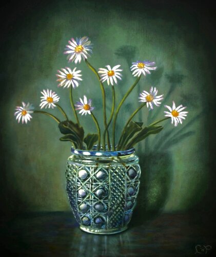 Negen Ma-de-liefjes / Nine Daisies van Lianne van der Plaat, Schilderij te koop op Singulart