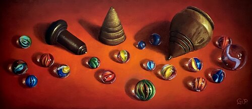 Tollen of knikkeren, Spinning Tops or Playing Marbles de Lianne van der Plaat, Pintura a la venta en Singulart