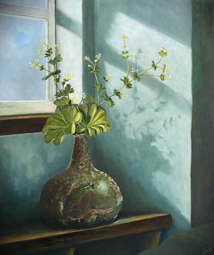 Vrouwenmantel in 17e eeuwse kattekop, Lady's Mantle in a Seventeenth-Century Cathead Vase by Lianne van der Plaat, Painting for Sale on Singulart
