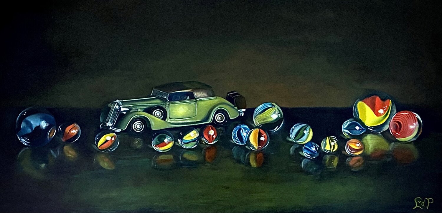 Oldtimer met knikkers, Vintage ride and marbles Lianne van der Plaat Originalgemälde zu verkaufen