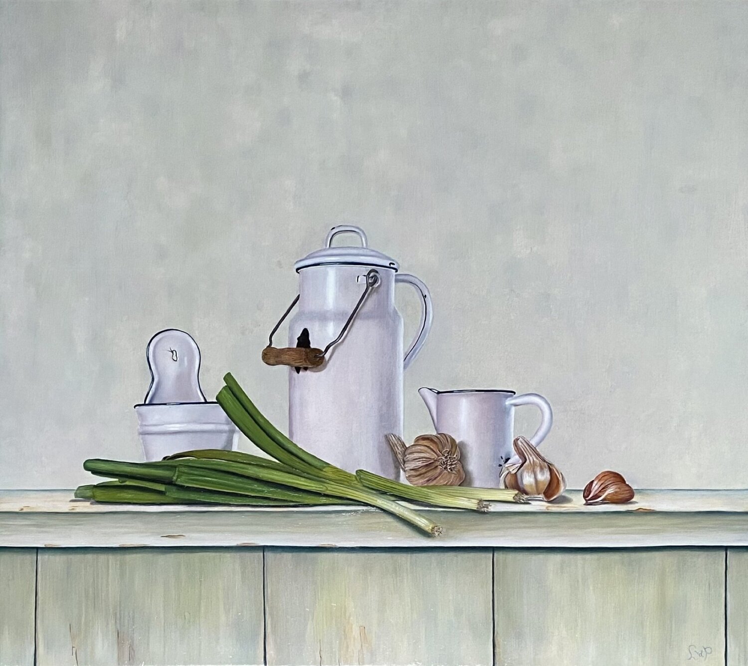 Wit emaille met lente-ui, White enamel with spring onions Lianne van der Plaat Originalgemälde zu verkaufen