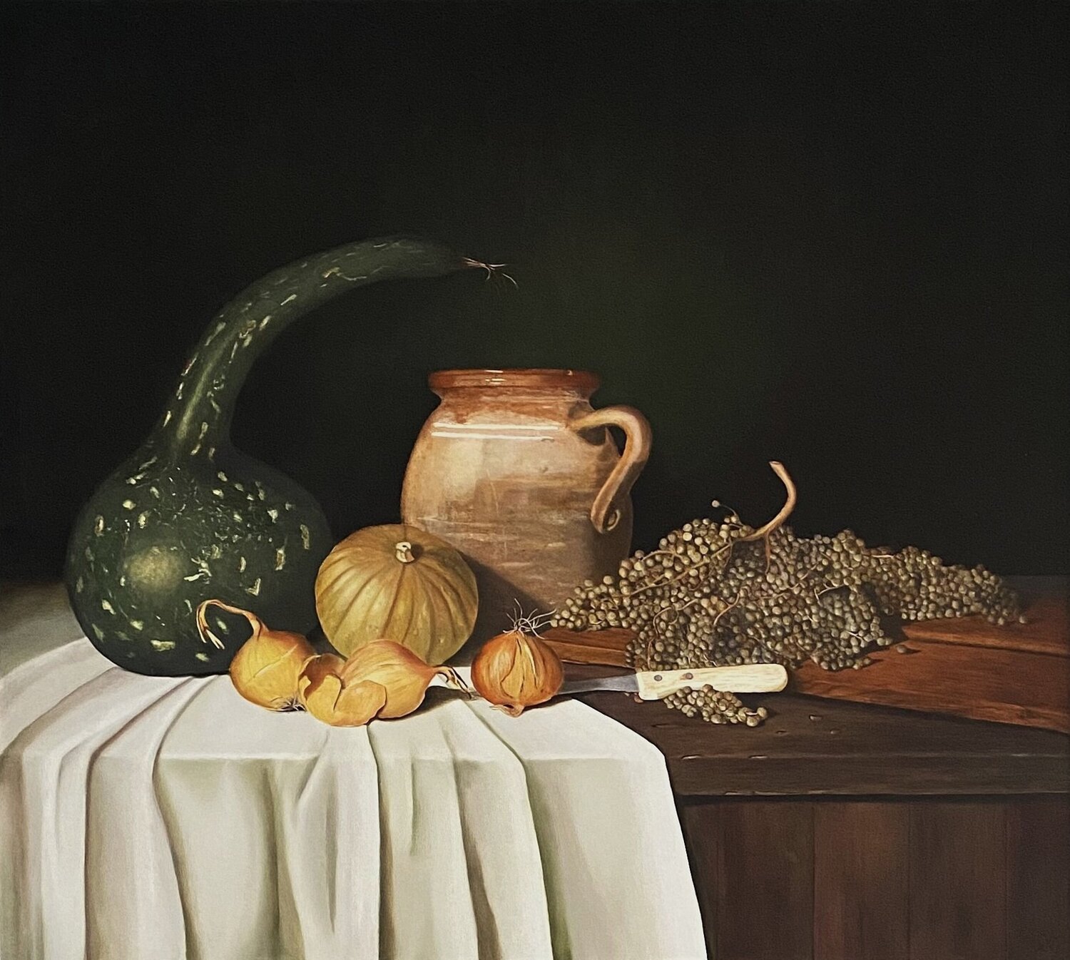 Sierkalebas met dadeltak, Ornamental gourd with date branch Lianne van der Plaat Original painting for sale