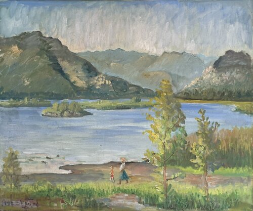 Mother and Child Walking by the Lake by Auguste (Gustel) Foust Killat, Painting for Sale on Singulart