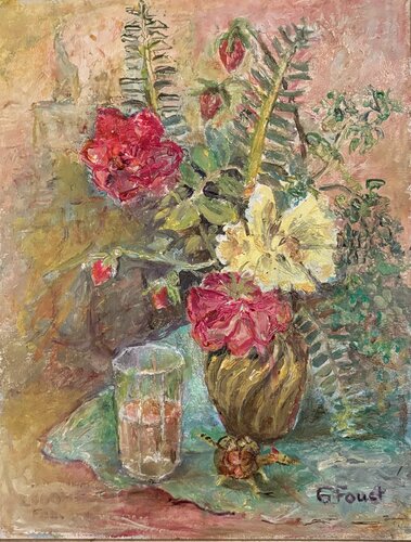 Flowers with Water Glass von Auguste (Gustel) Foust Killat, Malerei kaufen auf Singulart