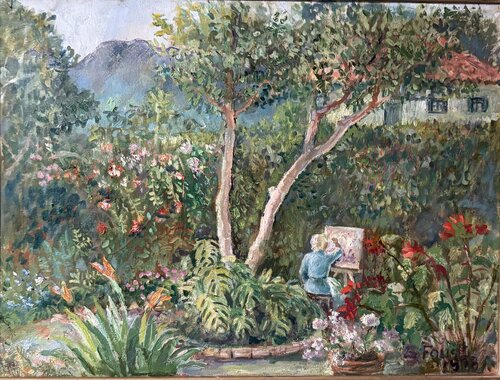 Gustel Painting in the Garden in Ajijic, Jalisco, Mexico de Auguste (Gustel) Foust Killat, Pintura a la venta en Singulart