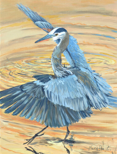 Blue Herin landing on water by Marietta Cohen, Painting for Sale on Singulart