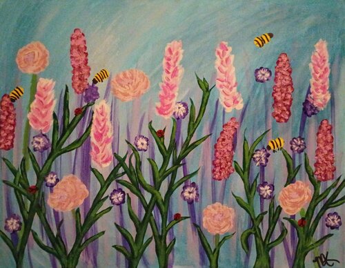 Vibrant Floral Meadow with Bees di MissyKay, Pittura in vendita su Singulart
