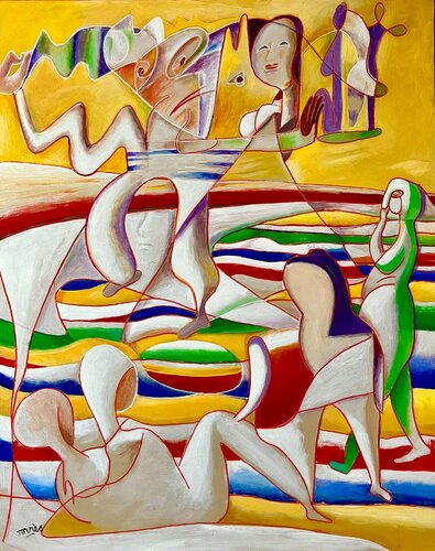15 Figures et un Chien sur une Plage by Pierre-Louis TORRES, Painting for Sale on Singulart