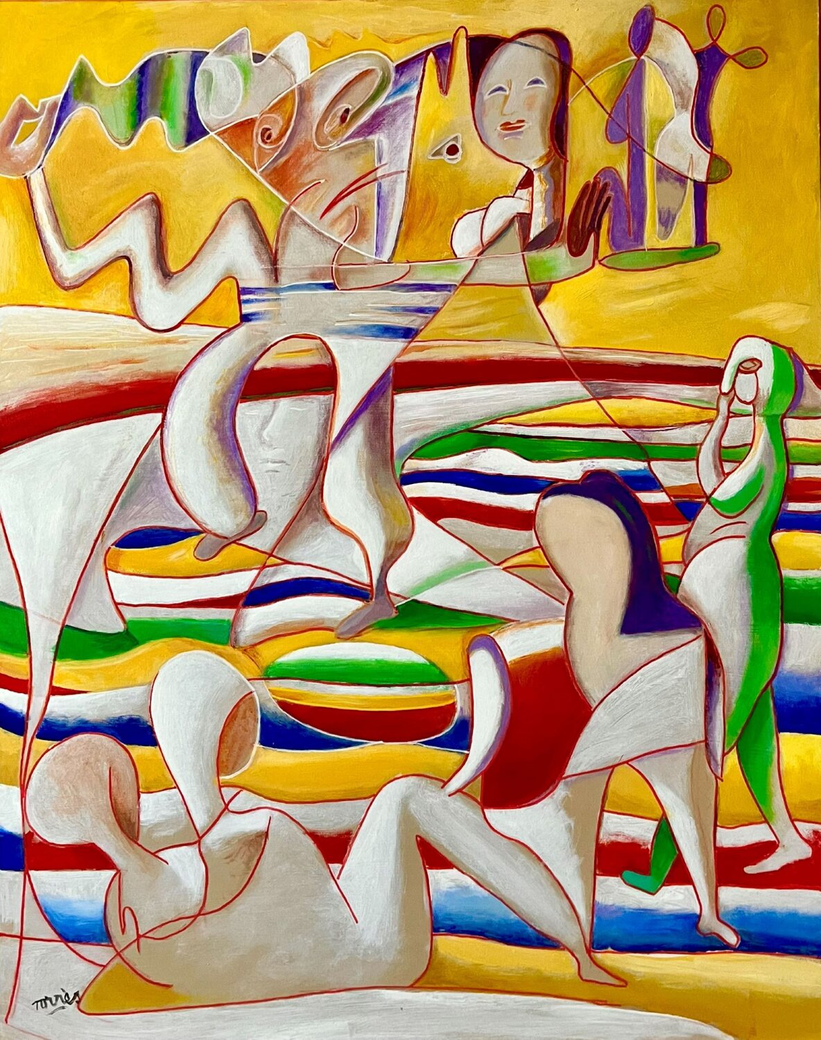 15 Figures et un Chien sur une Plage Pierre-Louis TORRES Original painting for sale