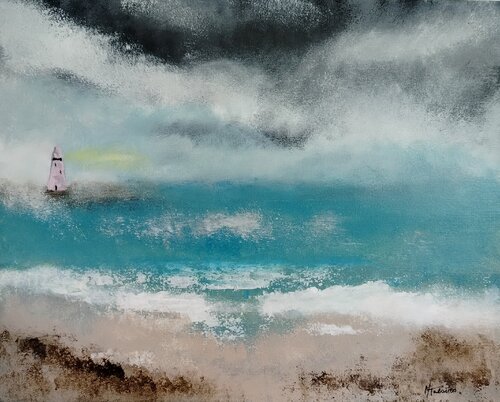 Il Faro Magico: Symbolic Blue Abstract – The Magical Lighthouse – Fine Art Original de Manuela Talarico, Pintura a la venta en Singulart