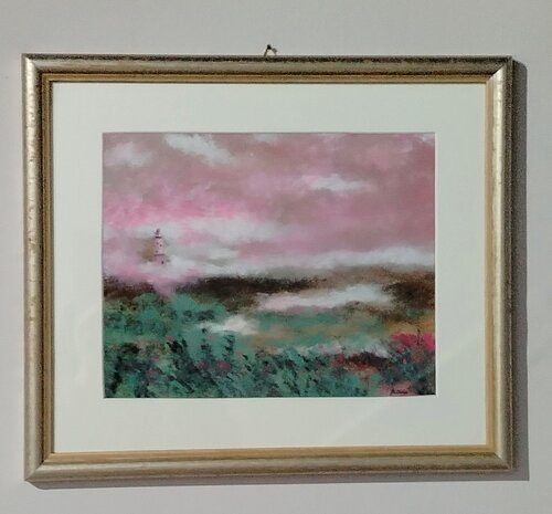 Il Faro Rosa: Atmospheric Abstract Painting – Lighthouse Whispers [Contemporary Fine Art] von Manuela Talarico, Malerei kaufen auf Singulart