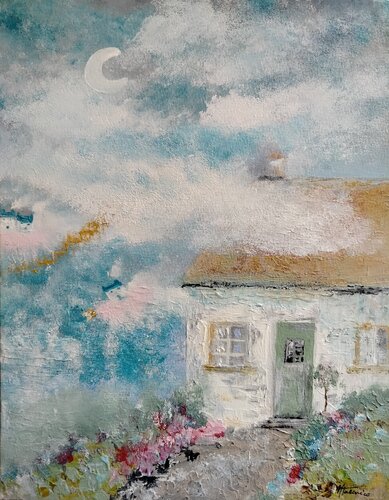 Dreamscape Cottage: Symbolic Blue Abstract Painting – Fine Art Original von Manuela Talarico, Malerei kaufen auf Singulart