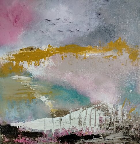 The Bay – Abstract Seascape in Pink and Ochre di Manuela Talarico, Pittura in vendita su Singulart
