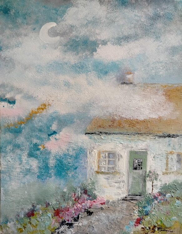 Dreamscape Cottage: Symbolic Blue Abstract Painting – Fine Art Original Manuela Talarico