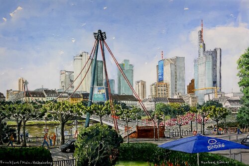 Frankfurt am Main - Holbeinsteg / Blick auf die Skyline von Manfred Köhler, Malerei kaufen auf Singulart
