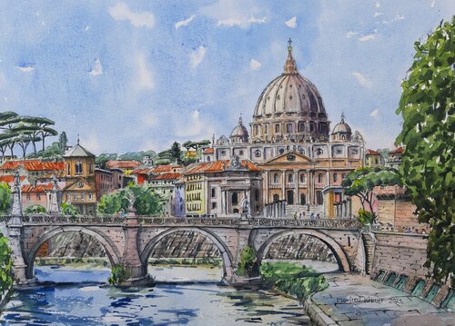 Rom - Blick vom Tiber auf den Petersdom di Manfred Köhler, Pittura in vendita su Singulart