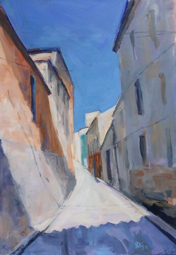 Häuser in Alcalali, ocker-weiß-blau-grau de Hedwig Oeldig, Pintura a la venta en Singulart