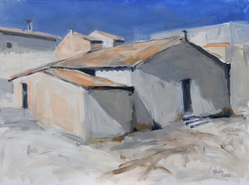 Häuser. Xaló. Weiß Grau Orange de Hedwig Oeldig, Pintura a la venta en Singulart