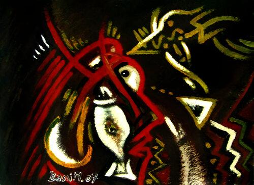 Man in fish - Oil Paint on ruph  card board von SAM AYAD, Malerei kaufen auf Singulart