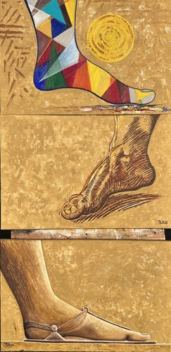 3 Canvas-Feet through history - 24x36x0.75  inch's each panel di SAM AYAD, Pittura in vendita su Singulart