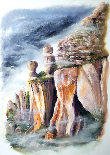 La brume sur le Roc de Boulhières dans la vallée de la Jonte de Gisèle Causse, Pintura a la venta en Singulart