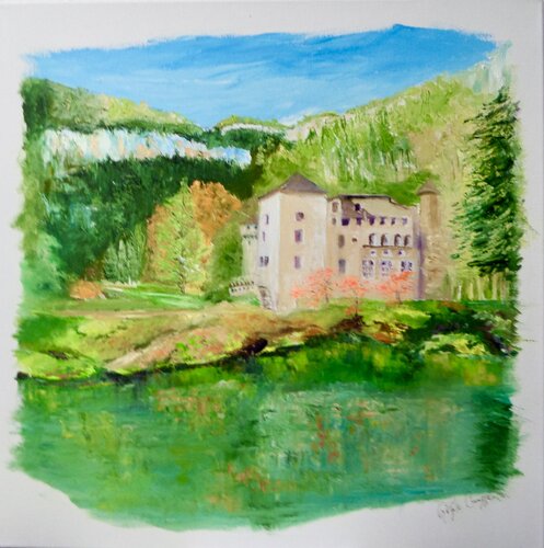 LE CHATEAU DE LA CAZE BAIGNÉ DANS LES COULEURS DE L'AUTOMNE van Gisèle Causse, Schilderij te koop op Singulart