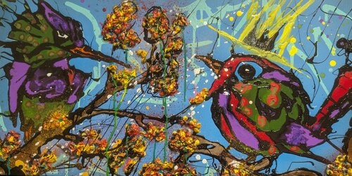 Il Re, uccellino street art passerotto astratto vernice e smalto su tela di Michele Fontana, Pittura in vendita su Singulart