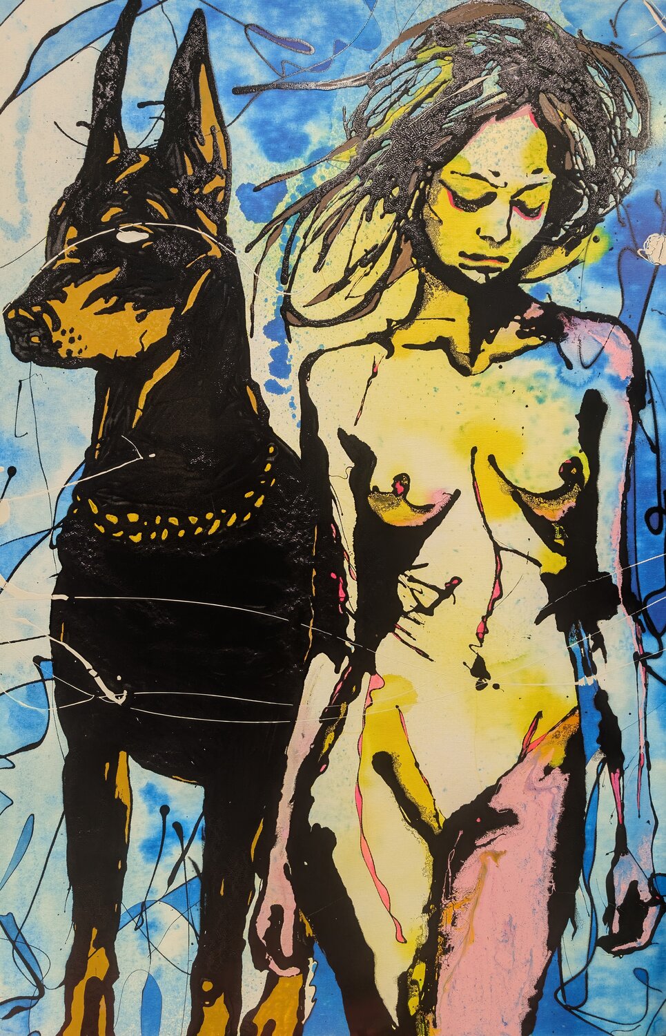 Aldilà , dobermann  volto astratto vernice e smalto su tela Michele Fontana Original painting for sale