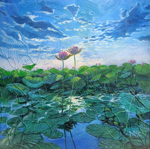 L'étang au lotus di Mikel Richard, Pittura in vendita su Singulart