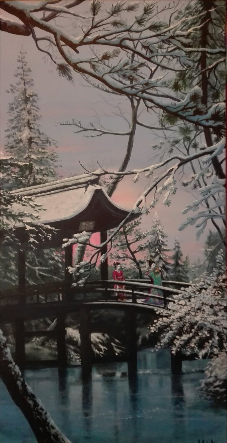 Promenade hivernale au soleil levant Mikel Richard Dipinto originale in vendita