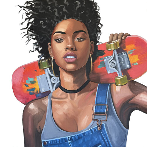 Skateboard Chic – Empowering Black Woman Oil Painting | Contemporary Urban Fashion Wall Art by Claire Donachie, Painting for Sale on Singulart