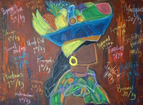 Marta Supermercado ( at the Fortaleza de San Juan Puerto Rico, mi Gente, mi familia) de Zulma Brooks, Pintura a la venta en Singulart