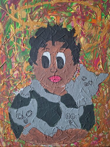 Saint Zemi and the Trinity of Felines di Zulma Brooks, Pittura in vendita su Singulart