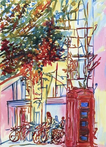 By The Phone Box 51723 di Christine Beard, Pittura in vendita su Singulart