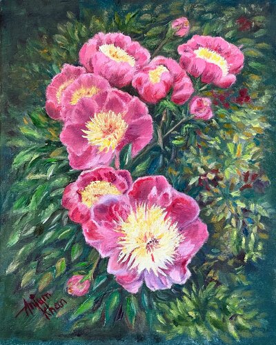 Parading Peonies par Anjum Khan, Peinture en vente sur Singulart