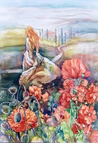 PAPAVERI IN TOSCANA par INDRA KRECERE, Œuvre sur papier en vente sur Singulart
