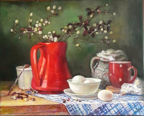 NATURA MORTA CON UOVO E BROCCA ROSSA von INDRA KRECERE, Malerei kaufen auf Singulart