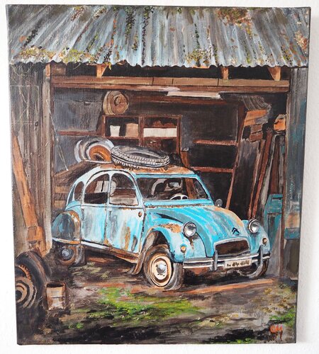 Oldtimer 2 CV Citroen Ente barn find by Gabriele Müller, Painting for Sale on Singulart