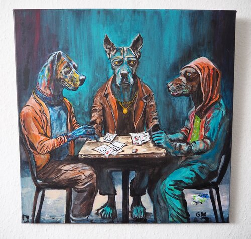 Anthropomorph dogs meeting + Animation QR Code rückseitig di Gabriele Müller, Pittura in vendita su Singulart