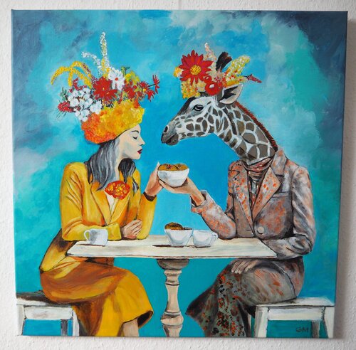 Anthropomorph Tea time + Animation QR Code rückseitig di Gabriele Müller, Pittura in vendita su Singulart