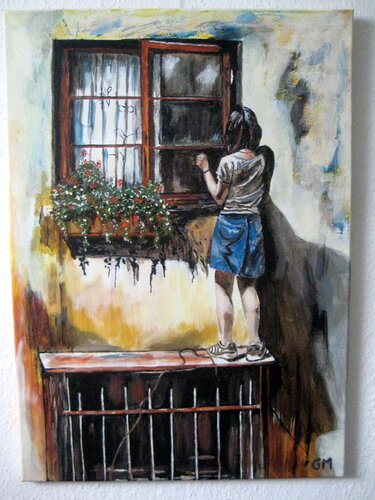 Knock, knock ! + Animation QR rückseitig di Gabriele Müller, Pittura in vendita su Singulart