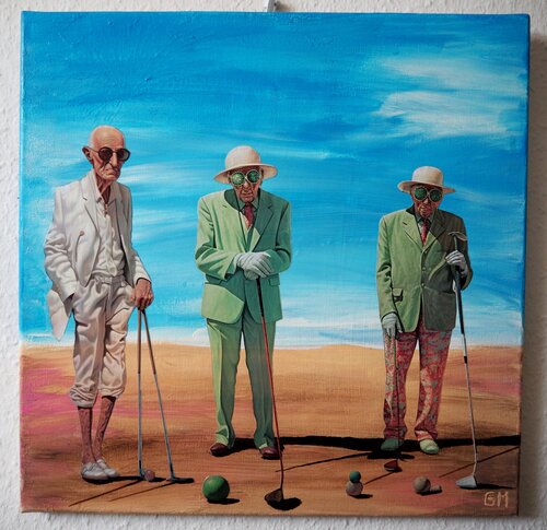 Collage Beach Golfer + Animation QR Code rückseitig di Gabriele Müller, Pittura in vendita su Singulart