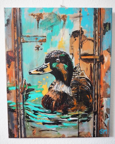 Graffiti Stockente schwimmend auf Containertür by Gabriele Müller, Painting for Sale on Singulart