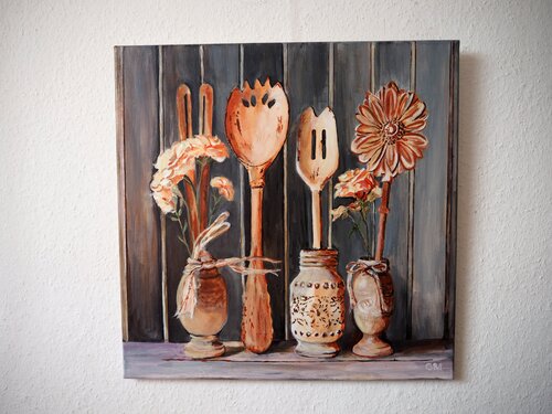 Still life with wooden objects by Gabriele Müller, Painting for Sale on Singulart
