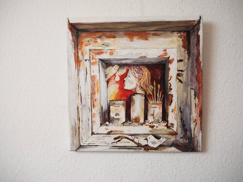 Shelf with paint pots, brushes, face and bird by Gabriele Müller, Painting for Sale on Singulart