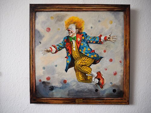 Der fliegende Clown + Animation QR Code rückseitig by Gabriele Müller, 絵画 for Sale on Singulart